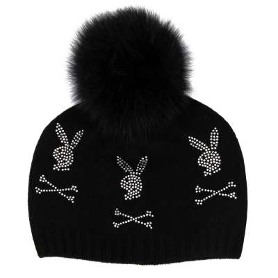 Knitted Beanie Hat with Crystals and Fur Black