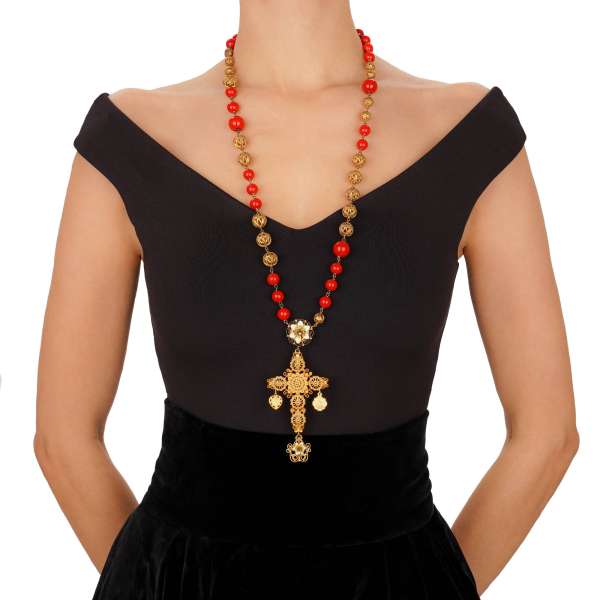  "Sicilia" Chain necklace with filigree cross, crystal flower and red pearls in gold and red by DOLCE & GABBANA