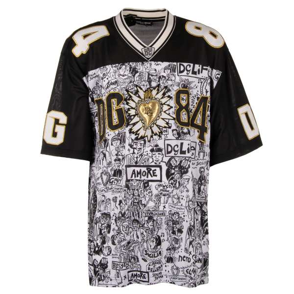 Oversize T-Shirt mit Devotione Herz DG Logo Patches und Sizilien Print in Schwarz, Weiß und Gold von DOLCE & GABBANA