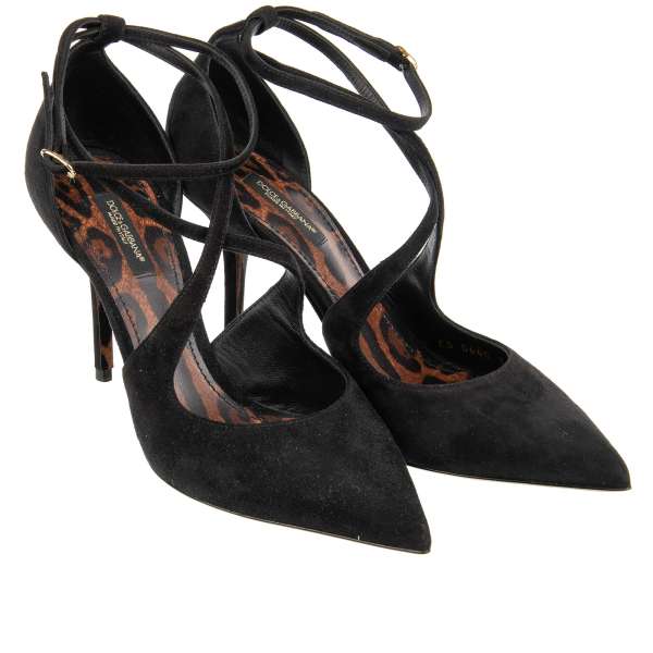 Pointed suede leather Pumps BELLUCCI with leopard sole and straps in black by DOLCE & GABBANA