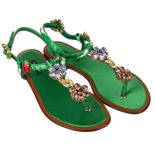 Banana Print Silk and Leather Sandals PORTOFINO embellished with crystal flowers and bug in green by DOLCE & GABBANA