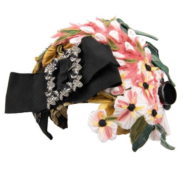 Haarreif aus Seide und Lurex Mischung verziert mit handbestickten Seide Blumen und Scleife mit Kristallen Brosche in Pink und Schwarz von DOLCE & GABBANA