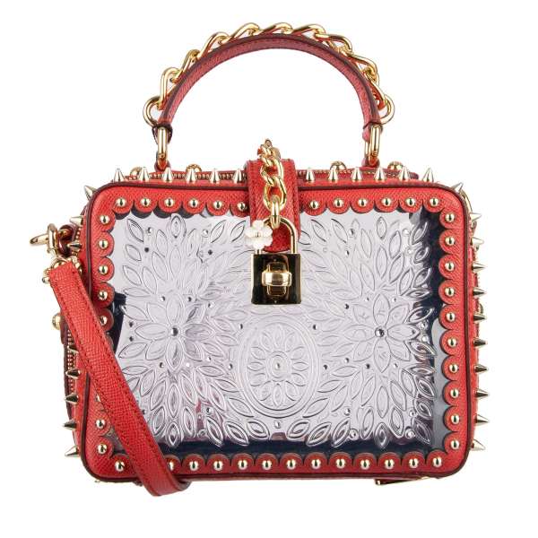 Transparente Clutch Handtasche / Schultertasche ROSARIA Cinderella aus Leder und PVC verziert mit Nieten Kristallen, Ketten und dekorativem Schloss von DOLCE & GABBANA