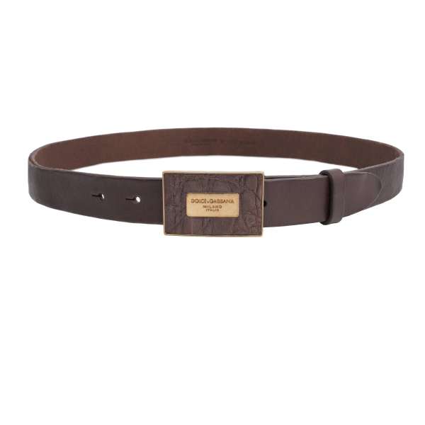 Calf and Caiman Leather belt with DG Logo metal buckle plate in brown by DOLCE & GABBANA