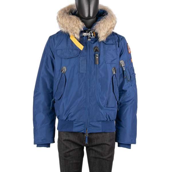 Short Bomber / Down Jacket GOBI with a detachable real fur trim, hoody, many pockets and a removable down-filled lining in Navy Peony Blue