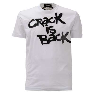 Baumwolle T-Shirt mit CRACK IS BACK m. Logo Applikation Weiß Schwarz