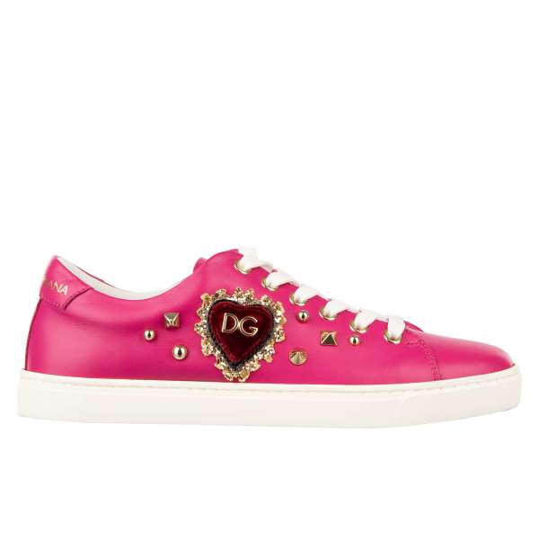 Leather Sneaker LONDON with DG velvet Heart patch and studs in pink and white by DOLCE & GABBANA