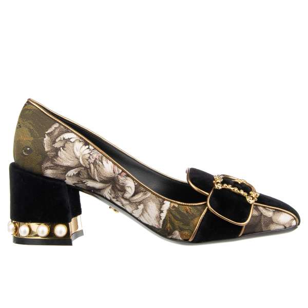 Baroque flower brocade and velvet leather Pumps JACKIE with pearl heel and DG golden logo in black by DOLCE & GABBANA