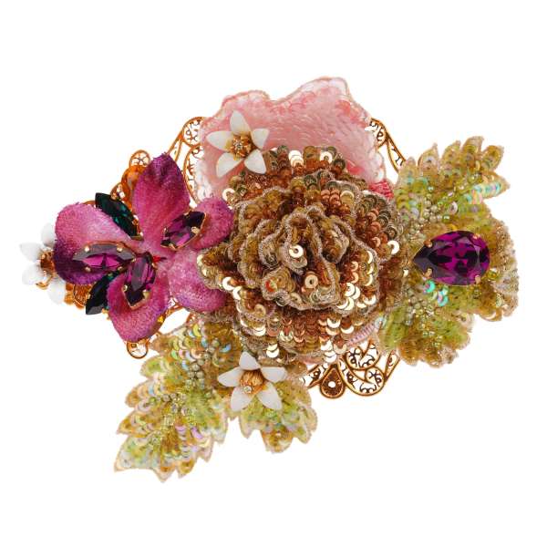 Hair Clip with hand embroidered sequined and pearls flowers, embroidered leaves and crystals in Gold by DOLCE & GABBANA