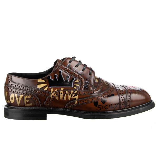 Exclusive hand painted Graffiti leather derby shoes MARSALA King of Love in brown by DOLCE & GABBANA