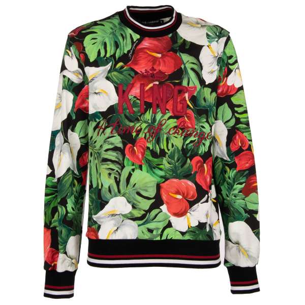 Sweater / Pullover aus Baumwolle mit Blumen und Logo Print und besticktem Schriftzug "KING - A Time of Change" von DOLCE & GABBANA