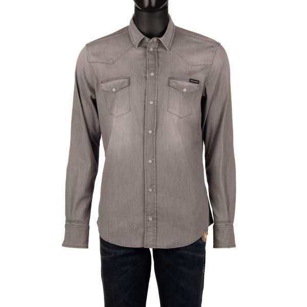 Washed effect Jeans / Denim shirt with push button fastening and two front pockets in gray by DOLCE & GABBANA