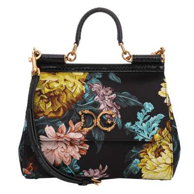 Barock Jacquard Tasche SICILY mit Schlangenleder Details Schwarz