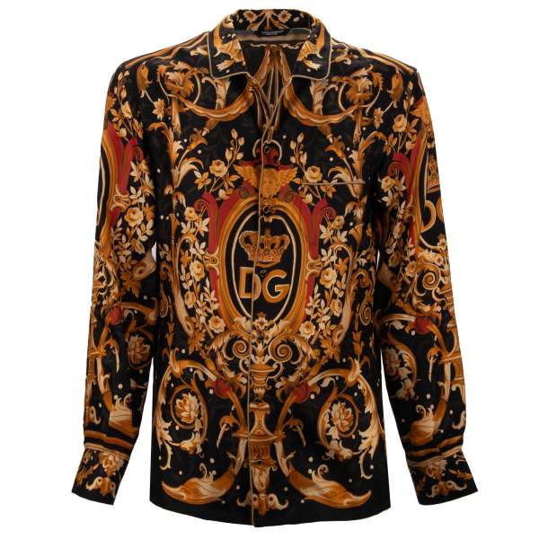 Silk shirt with Baroque Royal crown, lion coat of arms print and front pocket in black and blue by DOLCE & GABBANA