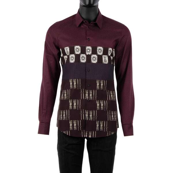 Armor printed patchwork cotton shirt with short collar and cuffs in bordeaux by DOLCE & GABBANA - GOLD Line