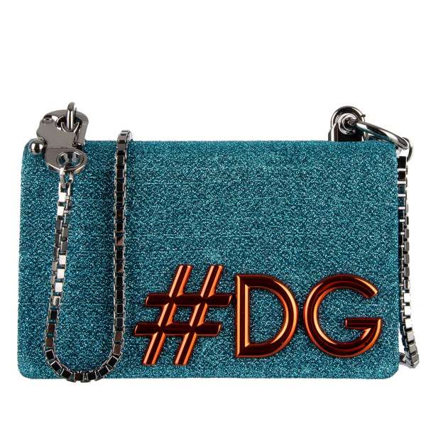 Clutch / Shoulder Bag DG GIRLS made of glitter fabric and leather with a large orange #DG Hashtag and metal chain strap by DOLCE & GABBANA