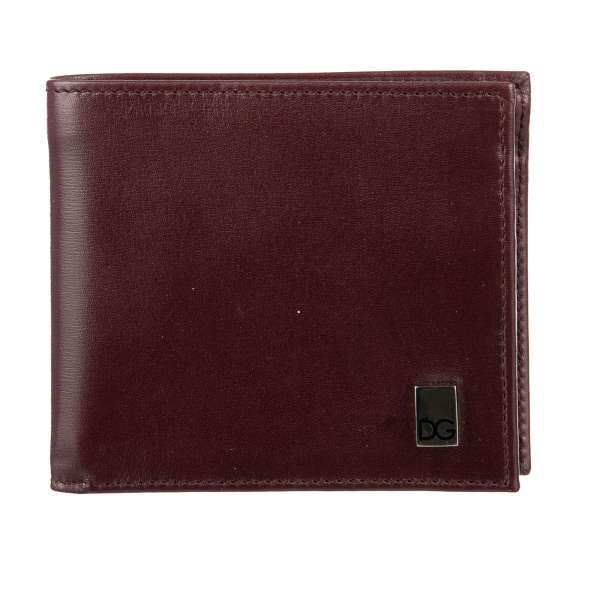 Leather bifold wallet with DG metal logo plate and coins pocket in bordeaux by DOLCE & GABBANA