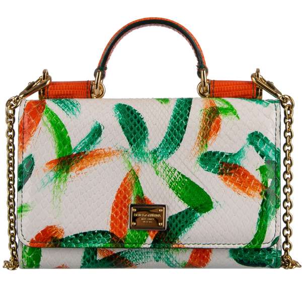 Crossbody Tasche / Etui SICILY VON BAG Mini aus Schlangenleder mit floralem Print, Logo Schild und Fächern von DOLCE & GABBANA