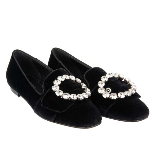 Velvet Ballet Flats JACKIE in black with Crystals Silver Brooch by DOLCE & GABBANA