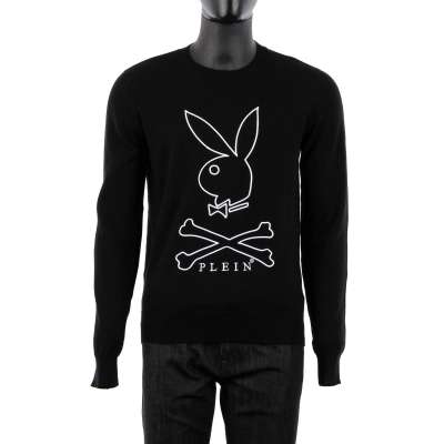 Kaschmir Pullover mit Bunny Logo Stickerei Schwarz