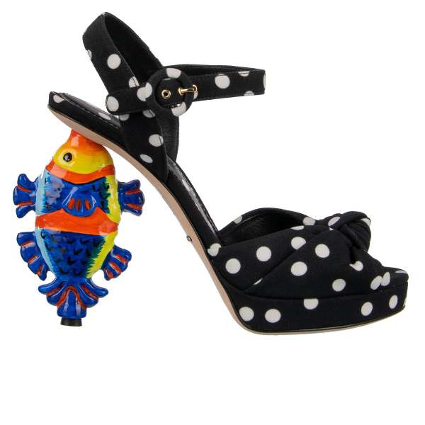 KEIRA Polka Dot Viscose Plateau Sandals / Pumps with hand painted fish heel in black and white by DOLCE & GABBANA Black Label