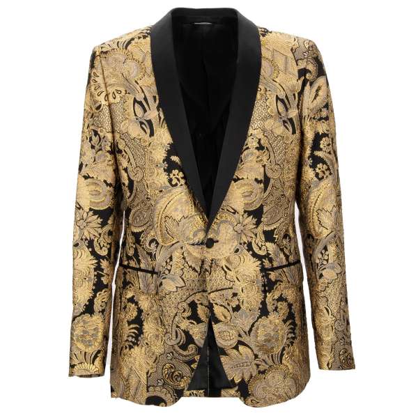 Glänzender Tuxedo Blazer MARTINI mit floralem Muster und blauem Kontrast Schal-Revers aus Seide von DOLCE & GABBANA