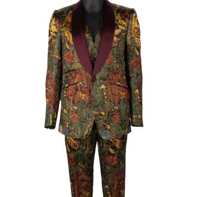 Barock Jacquard Anzug Sakko Weste Jacke Hose Gold Bordeaux 48 M 