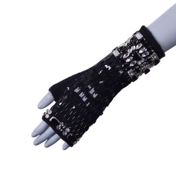 Gestrickte Handschuhe aus Kaschmir mit Stickerei aus Pailletten und Kristallen von Dolce&Gabbana Black Label