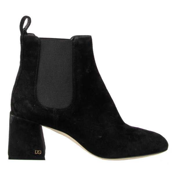 Suede Leather Ankle Boots with metal DG logo in black by DOLCE & GABBANA