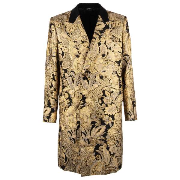 Zweireihiger Tuxedo Mantel aus Lurex Jacquard mit floralem Muster und Samt-Kragen  in Gold und Schwarz von DOLCE & GABBANA