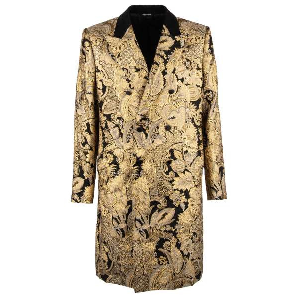 Double-Breasted floral pattern lurex jacquard tuxedo coat with velvet collar in gold and black by DOLCE & GABBANA