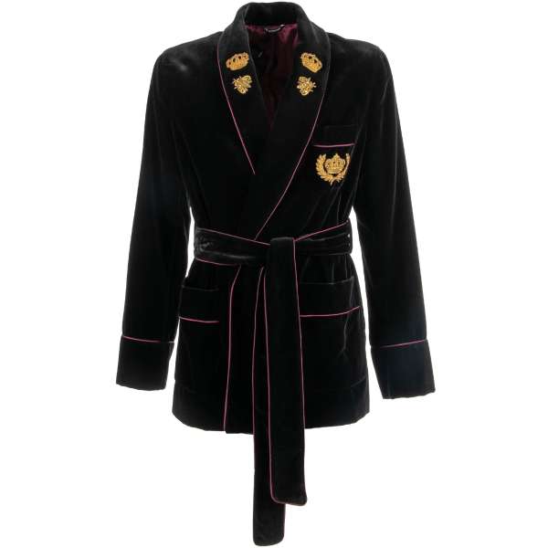 Stunning  Velvet Robe / Blazer with bee and crown embroidery, red contrast stripes and belt fastening by DOLCE & GABBANA