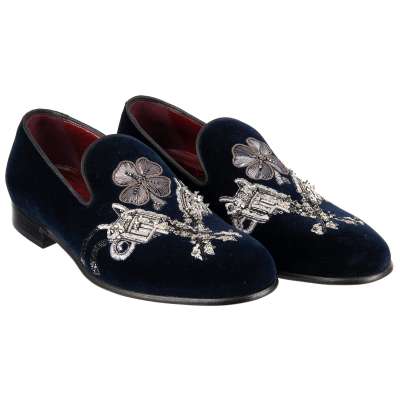 Pistols and Flower Embroidered Velvet Loafer Shoes MILANO Blue