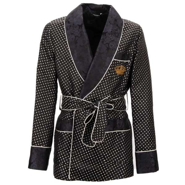 Floral and polka dot pattern silk jacquard Robe / Blazer with goldwork crown embroidery and belt fastening in black and white by DOLCE & GABBANA