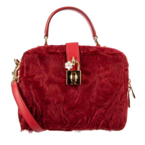 Astrakhan fur and leather shoulder bag / tote bag ROSARIA Medium with decorative lock, studs and large mirror by DOLCE & GABBANA