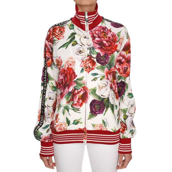 Oversize Rollkragen Jacke mit Pfingstrosen Print und DG Logo Schrift in Weiß und Pink von DOLCE & GABBANA