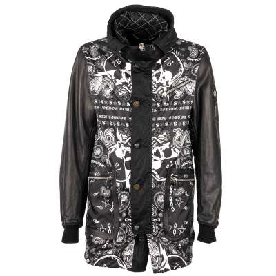 Hooded Parka Jacket Coat ALASKA with Bandana Print and Leather Sleeves L