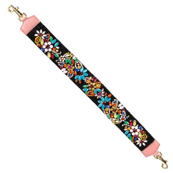 Cotton bag Strap / Handle embellished with hand-made multicolor crystal and pearl embroidery in black and pink by DOLCE & GABBANA