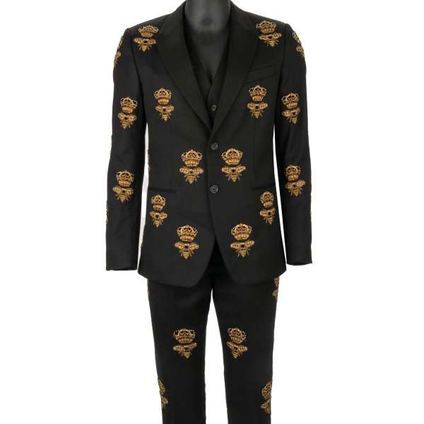 Dolce Gabbana Crystal Crown Napoleon Bee 3 Piece Suit Jacket Blazer Gold Black 46 FASHION ROOMS