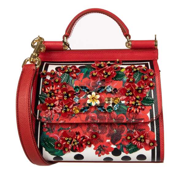 Geraniums printed, jeweled small dauphine leather Top Handle Bag / Shoulder Bag SICILY with multicolor crystals DG logo by DOLCE & GABBANA
