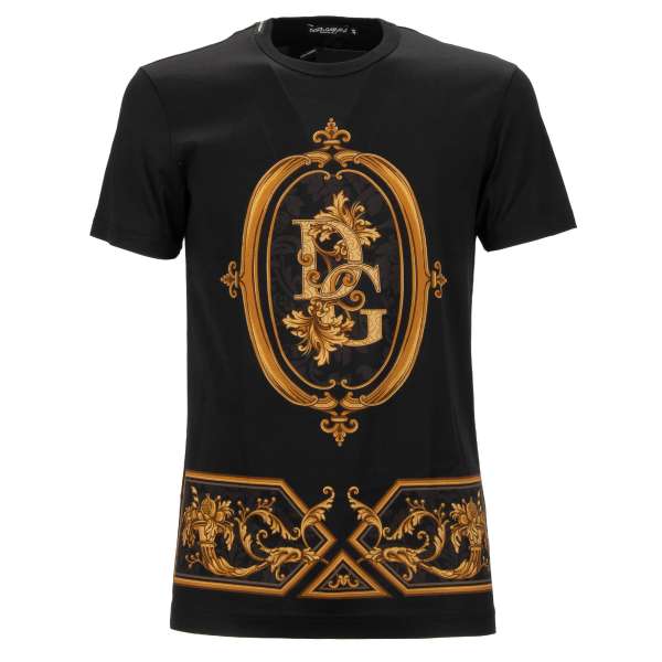 Cotton T-Shirt with DG Logo Baroque motive in black and gold by DOLCE & GABBANA