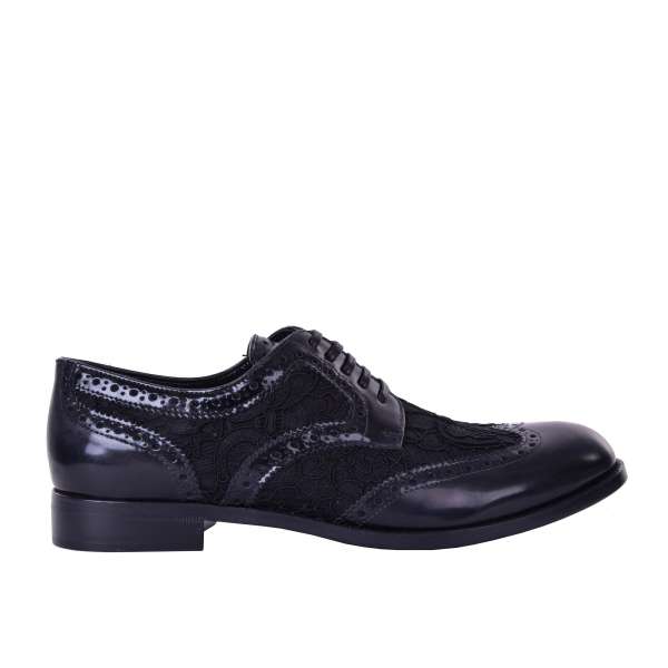 Lace-up wingtip women derby shoes BOY made of leather and lace with floral designs by DOLCE & GABBANA Black Label