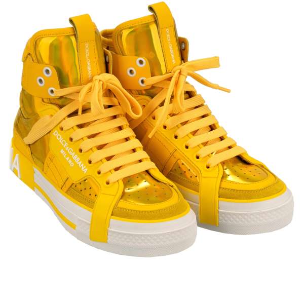 Lace High Top Sneaker DONNA with rainbow shimmer yellow and DG logo by DOLCE & GABBANA