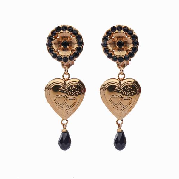 Heart Locket Clip Earrings adorned with crystals and flower elements in black and gold by DOLCE & GABBANA