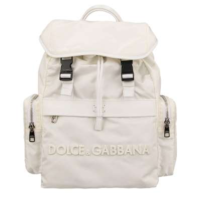 Military Style Nylon Leather Backpack STREET with Pockets and Logo White