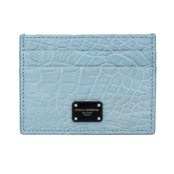 Crocodile leather cards etui wallet with DG logo plate in light blue by DOLCE & GABBANA