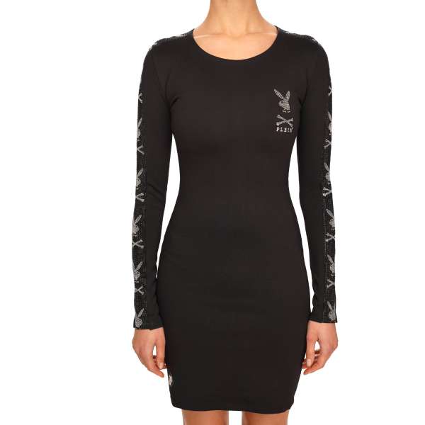 Short and elastic dress with embellished sleeves with crystals bunny skull logo stripes and Plein Playboy crystals logo at the front by PHILIPP PLEIN x PLAYBOY