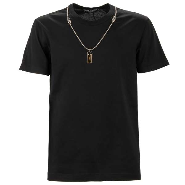 Cotton T-Shirt with DG Logo metal pearl chain in black by DOLCE & GABBANA