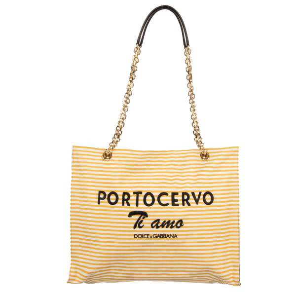 Gestreifte Schultertasche / Shopper Tasche PORT CERVO aus Canvas und Leder mit doppeltem Kettengriff von DOLCE & GABBANA