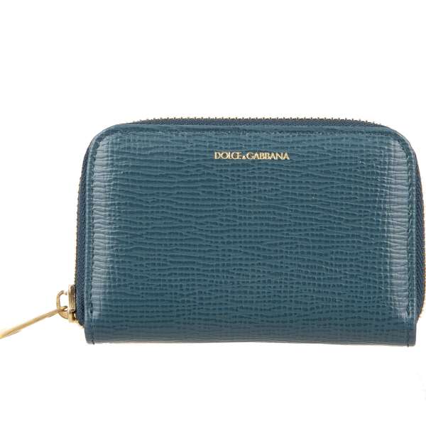 Palmellato leather zip around wallet with printed logo in azure blue by DOLCE & GABBANA